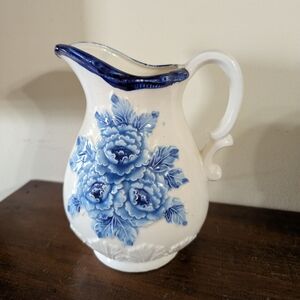 Vintage Blue and White Floral Pitcher 7" Tall Cottagecore Farmhouse Decor Farm